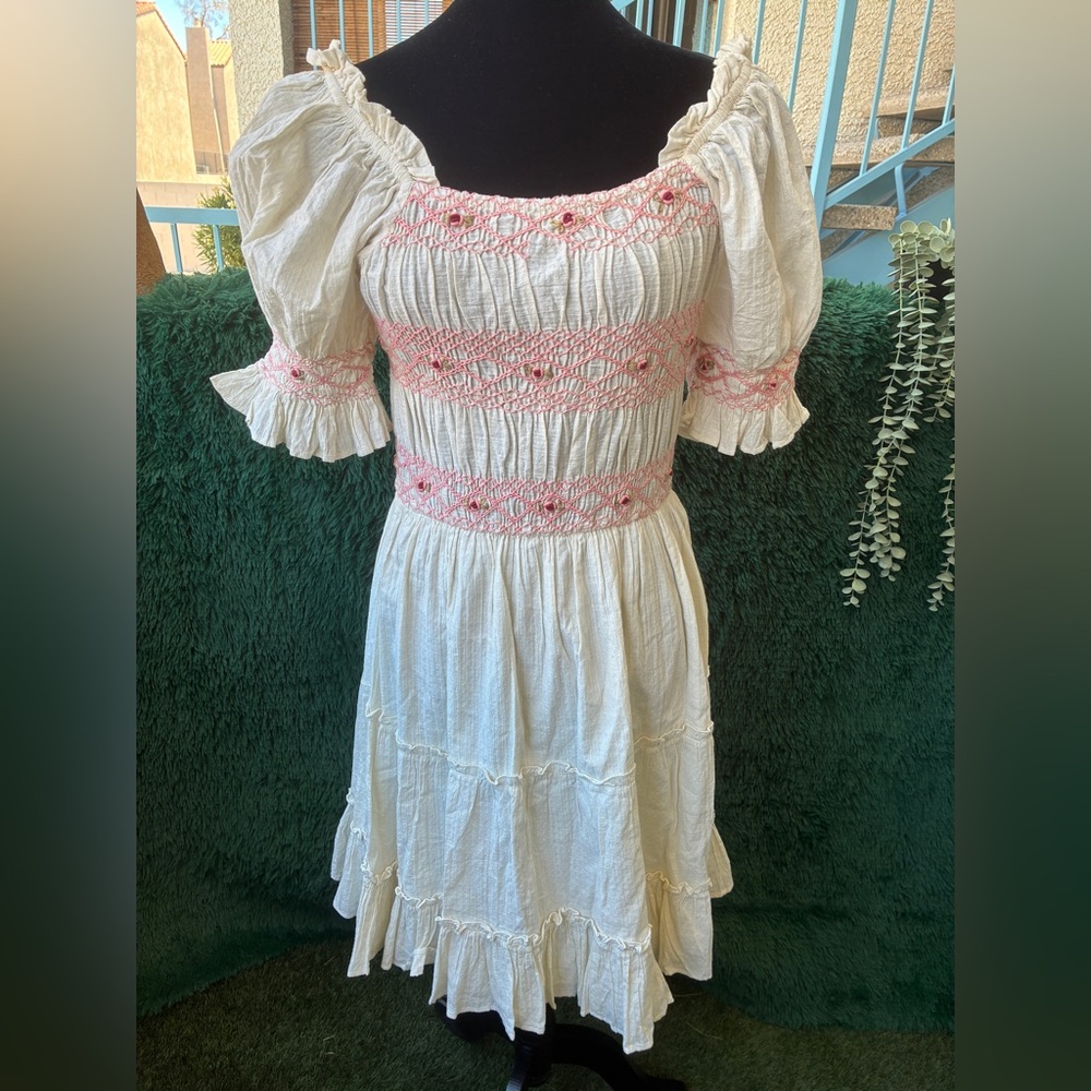 Ivy City Co Liesl Dress Embroidered Smocked Cotton Tiered Dress Size Medium
